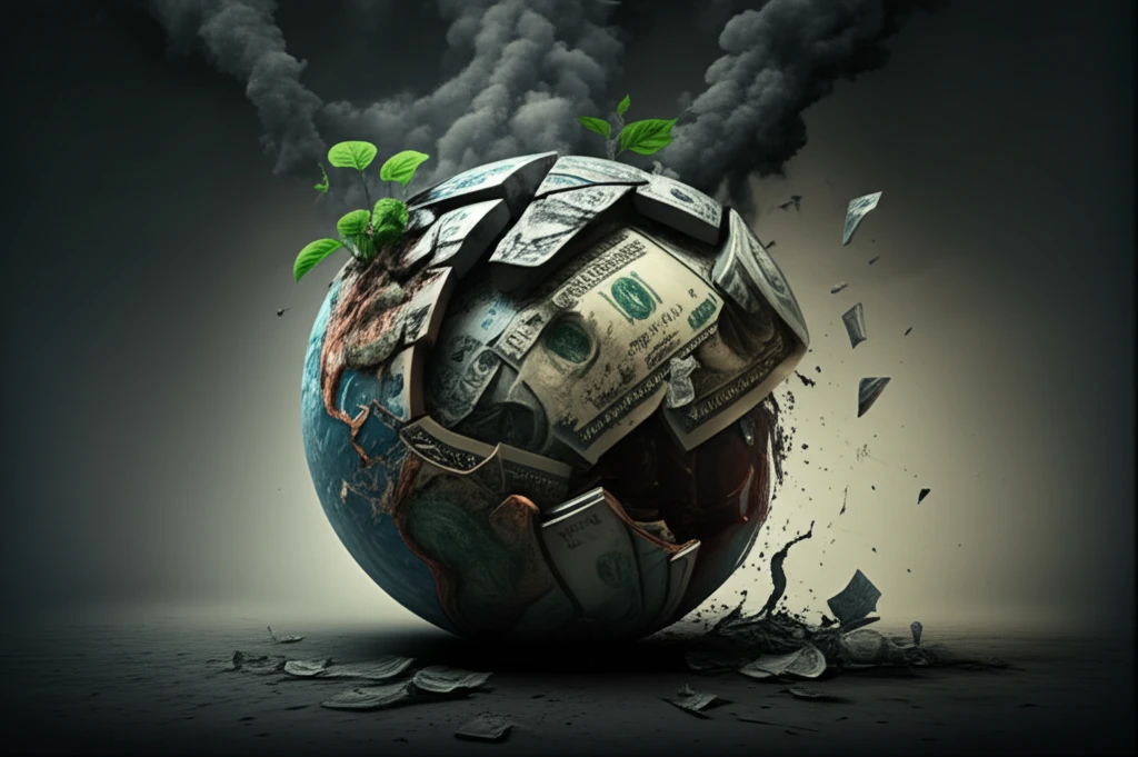 Fractured globe emitting smoke, pieced together with money, with green shoots emerging.