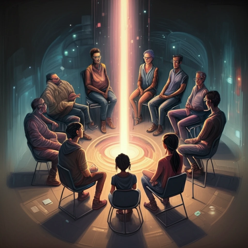 Diverse group engaging in a lively discussion, bathed in the light of shared knowledge.