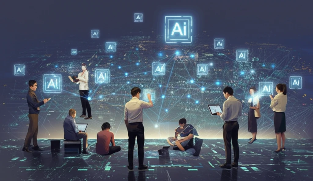 A surreal illustration showing diverse people collaboratively annotating floating data points, illuminating AI neural networks above them.