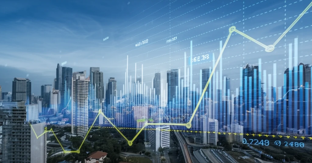 Financial charts with Lévy flight path over city skyline