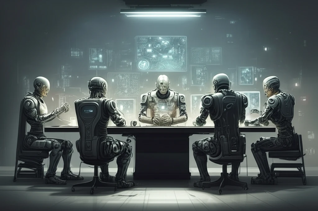 A digital illustration symbolizing ethical AI collaboration and competition among AI agents.