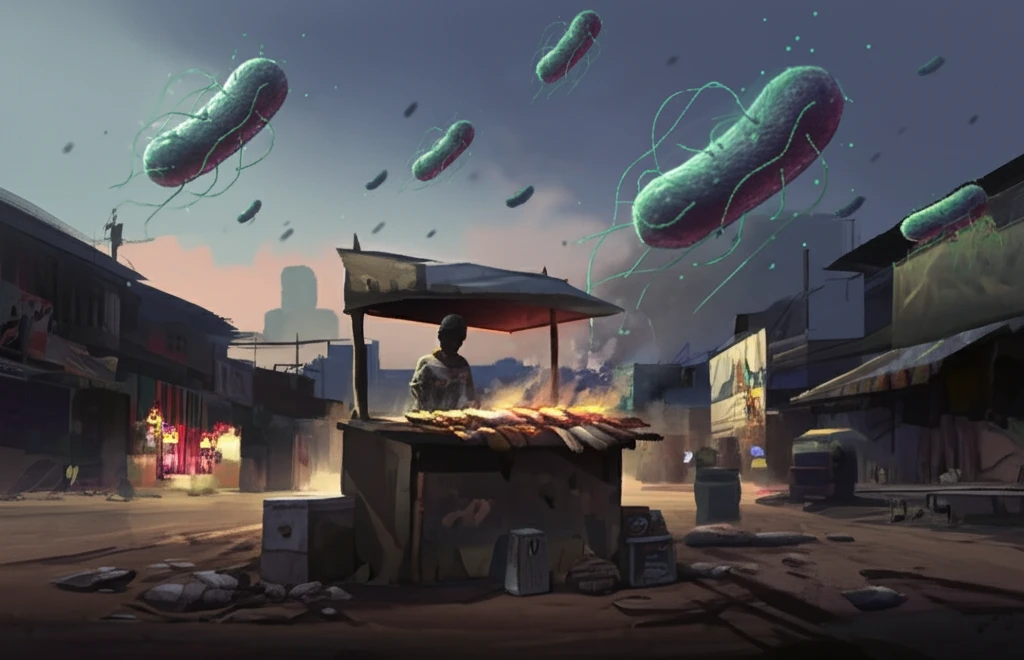 Surreal illustration of street food vendor in Abidjan with bacteria surrounding the meat.