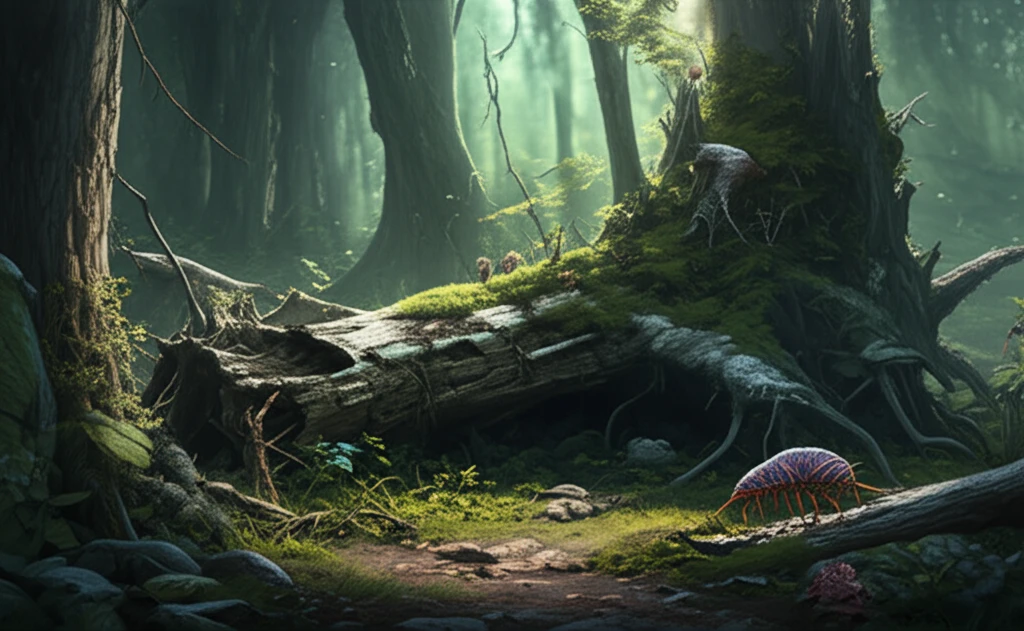 Lush forest floor with vibrant life amidst decaying logs.