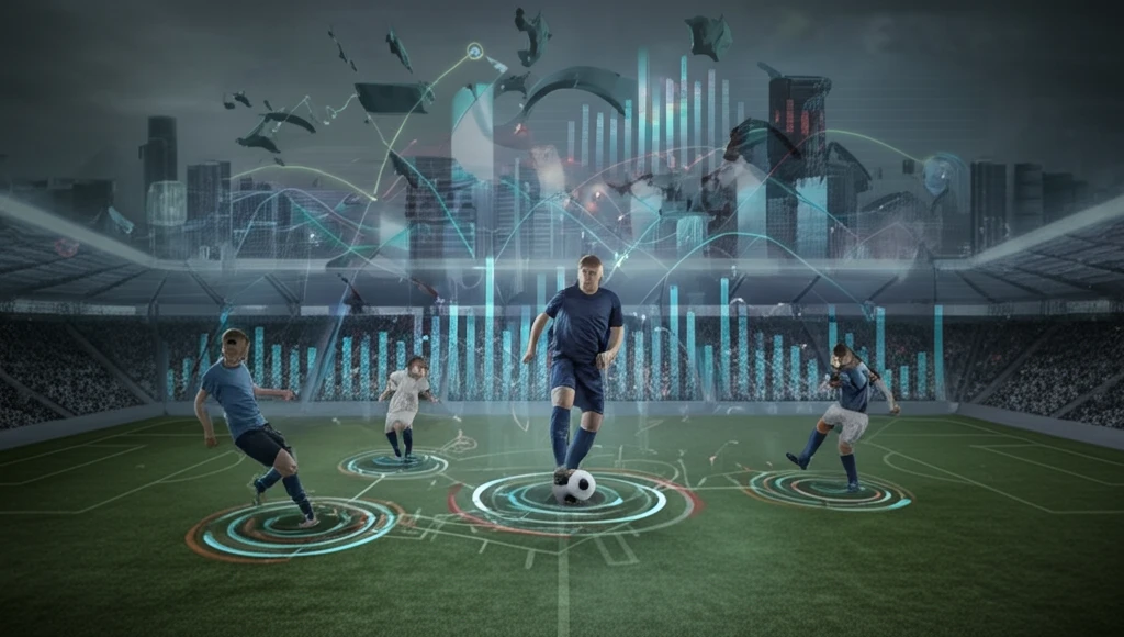 A soccer field morphs into a financial graph, illustrating player valuation in European football.