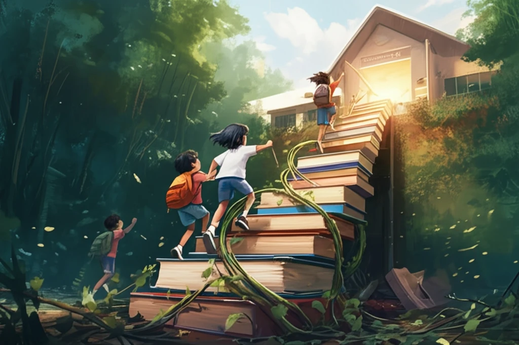 A child climbs a book staircase, symbolizing the journey to school readiness through health and education.