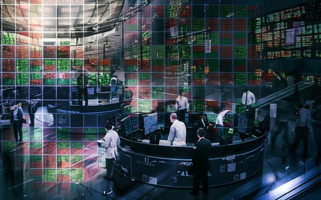 Stock market floor transforming into an ordered grid.