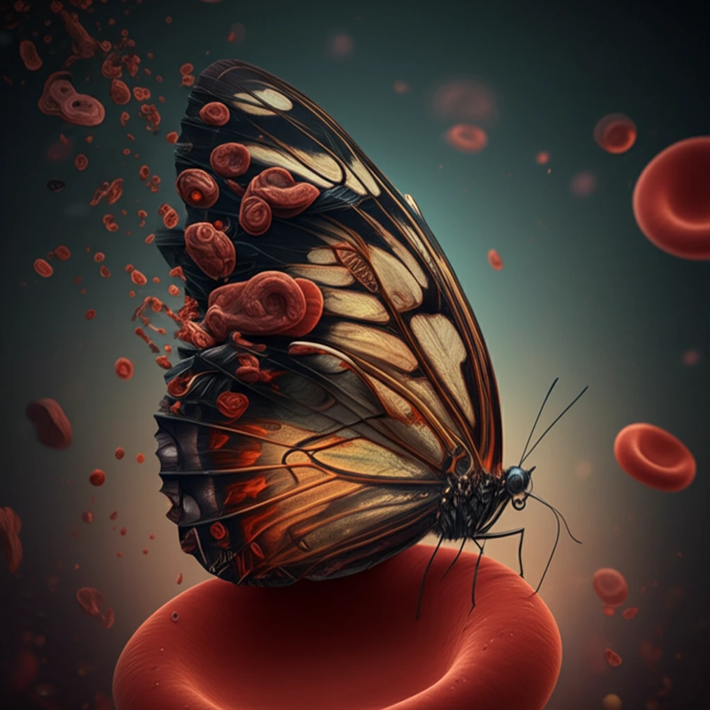 Blood cell transforming into butterfly.
