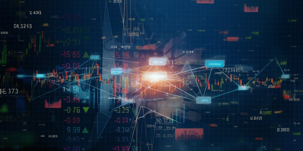 Financial charts merging with a Bayesian network diagram.