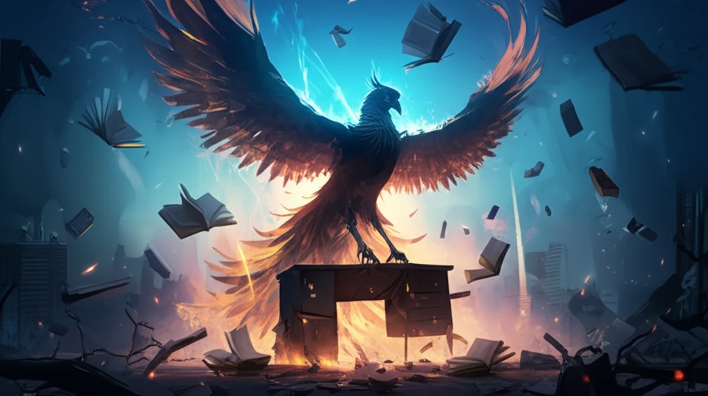 Phoenix rising from broken desk symbolizes career renewal through retraining.