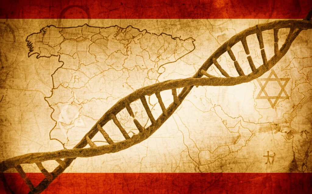 DNA strand intertwined with historical maps symbolizing Sephardic ancestry.