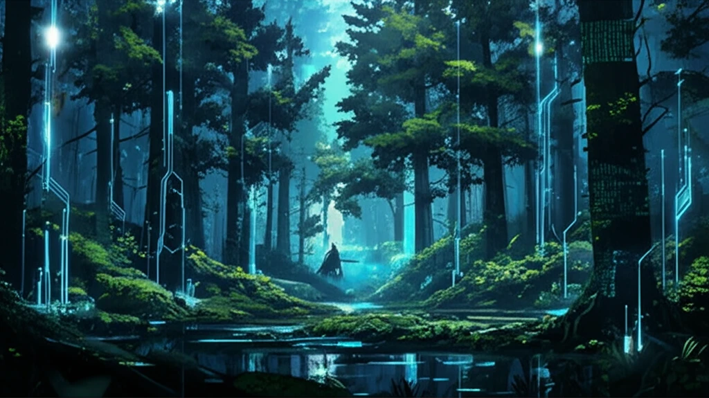 AI analyzing environmental data in a forest.