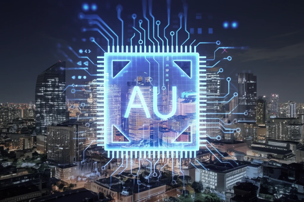 AI and finance integration symbolized by circuit board overlaying financial district.