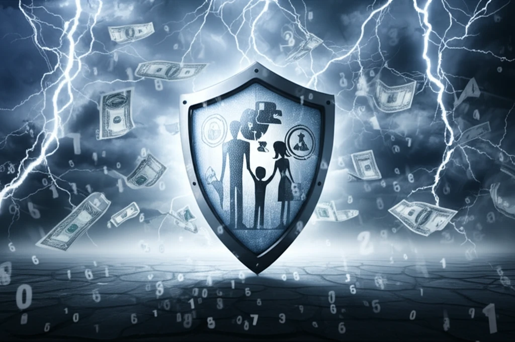 Shield protecting a family from financial storm, symbolizing insurance.
