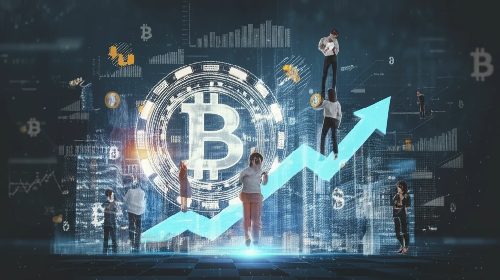 Collaborative crypto cityscape symbolizing balanced investment growth.