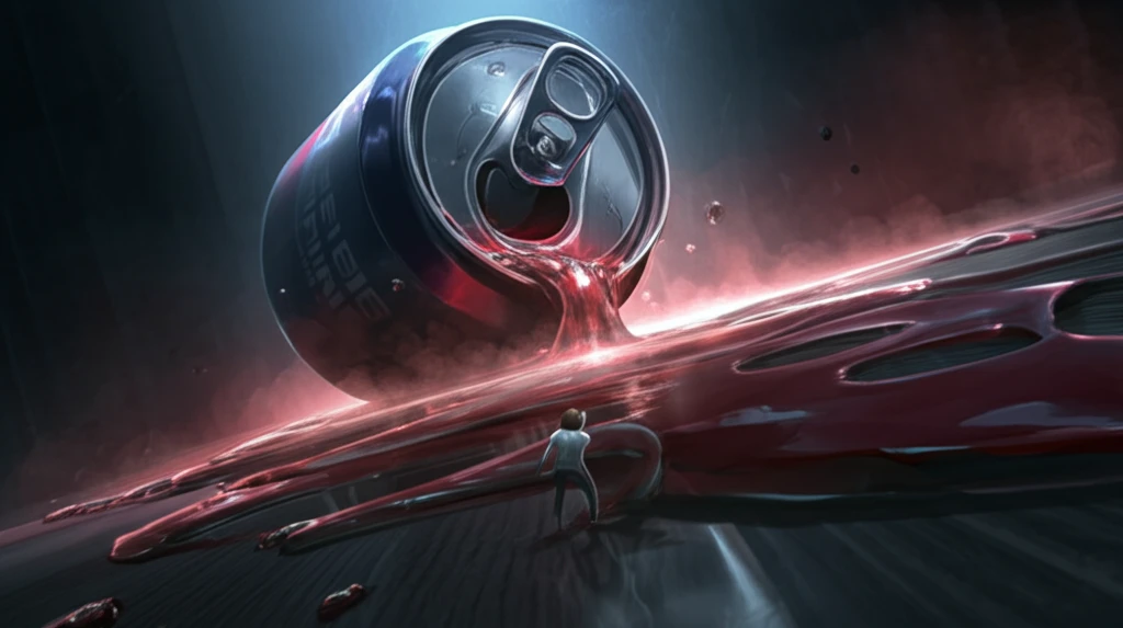 Surreal illustration of a stressed person looking at a giant energy drink can, symbolizing the allure and threat of energy drinks.