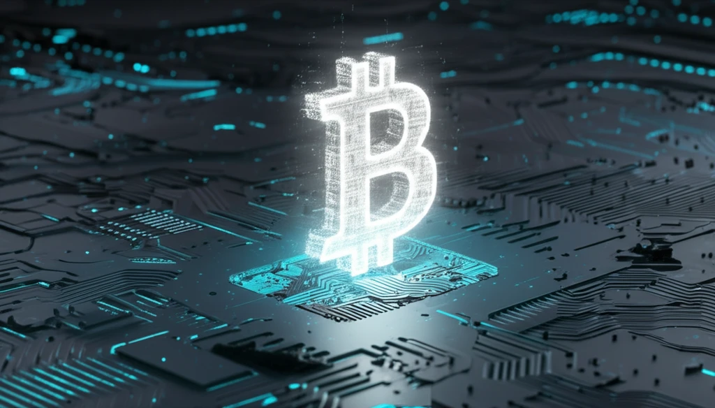 Bitcoin symbol emerging from machine learning network