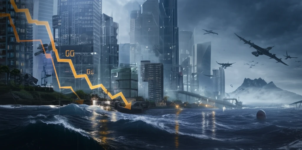 Surreal illustration of European coastal cities facing sea level rise, highlighting economic impact and adaptation strategies.