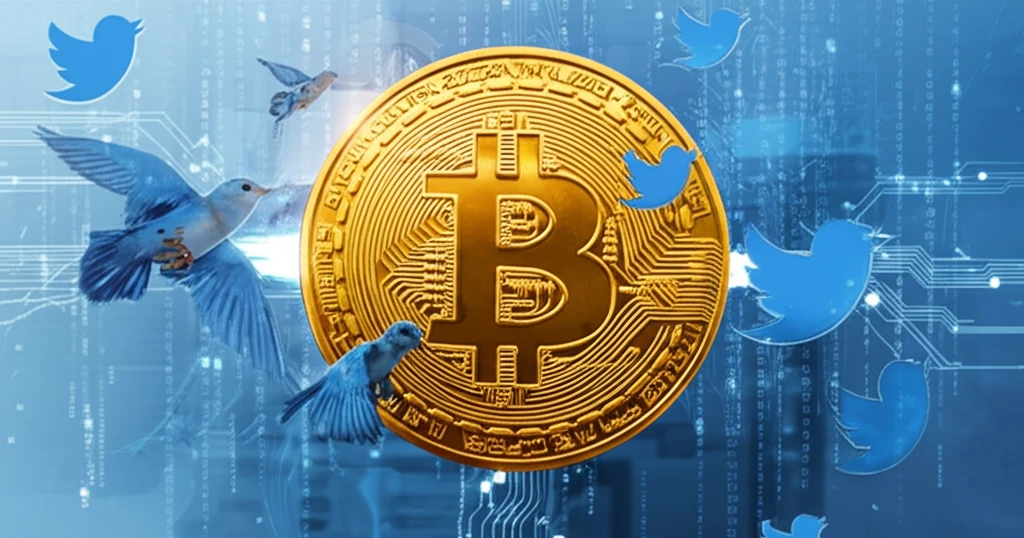 Bitcoin coin being analyzed by flock of birds and data streams