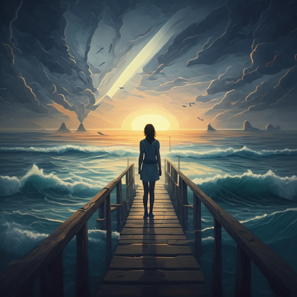 Woman navigating perimenopause with stormy and calm seas representing hormonal fluctuations.