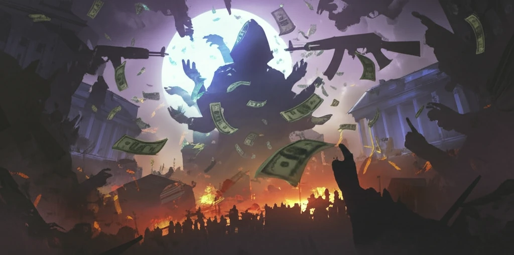 A shadowy figure controlling the global arms trade, with money and weapons symbolizing corruption and conflict.