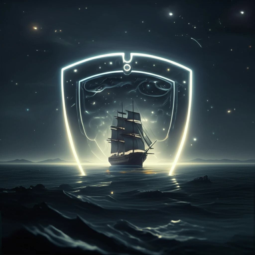 Portfolio navigating through a calm sea, protected by a shield, with stars above.
