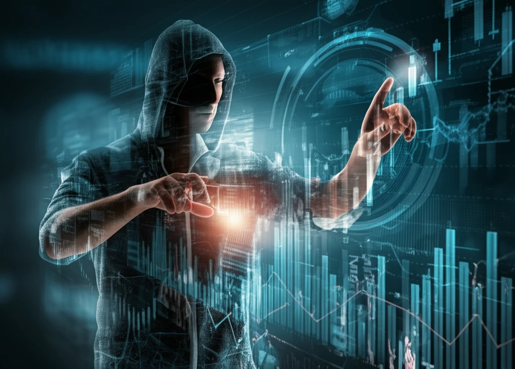 Surreal image of a shadowy figure manipulating stock charts, symbolizing shadow prices in financial markets.