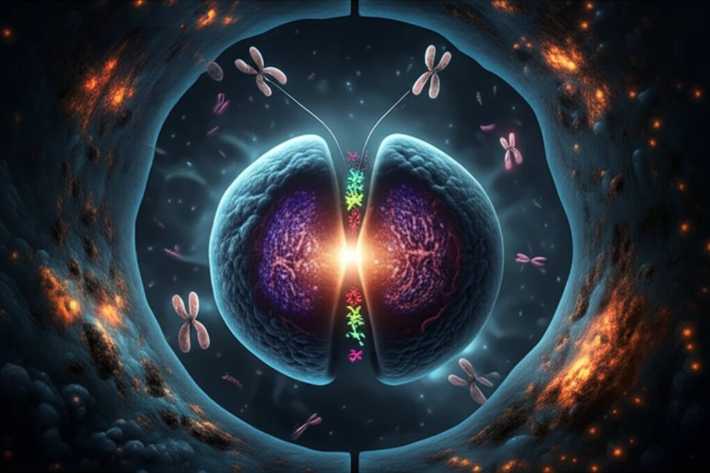 Illustration of cell division with PLK-1 and nucleoporins interacting.