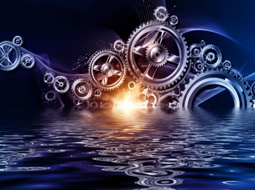 Digital illustration of interconnected gears above a liquid pool, symbolizing AMMs.