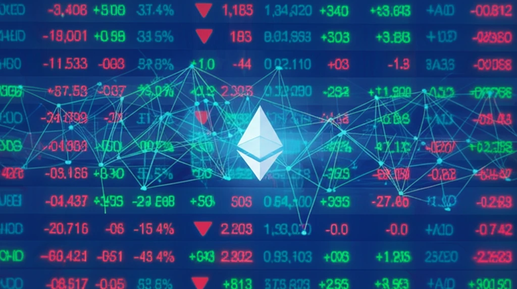 Ethereum blockchain network overlaid with a stock market ticker, symbolizing DeFi and traditional markets.