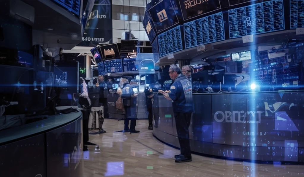 Abstract representation of market volatility with data and stock exchange floor.