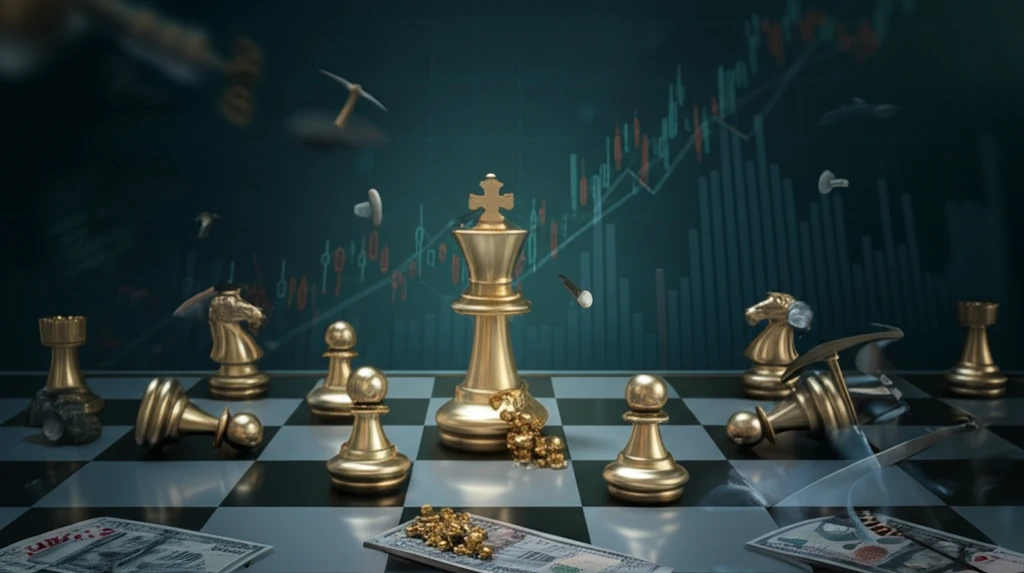 Chess pieces being mined for gold.