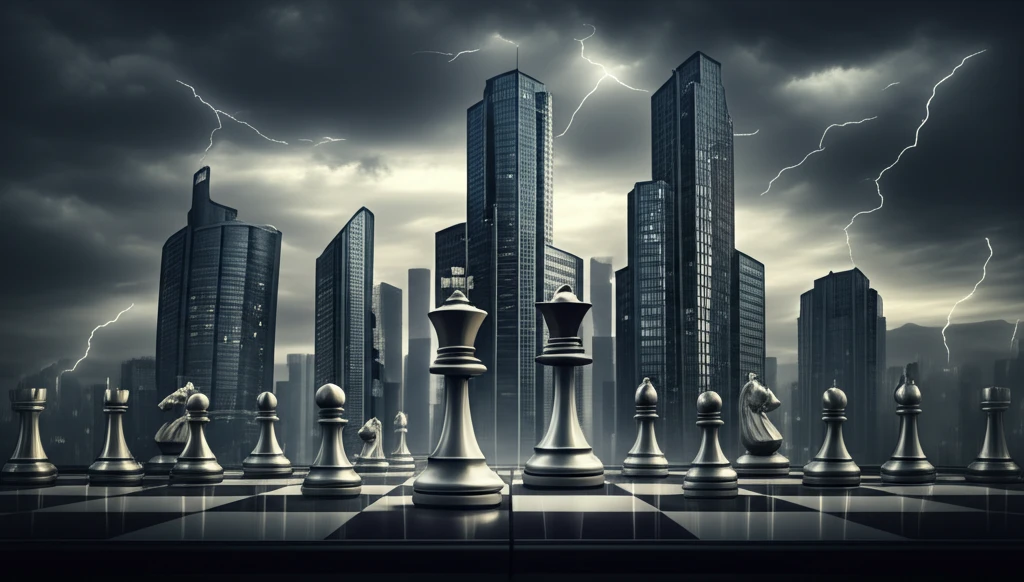 Chessboard with corporate skyscrapers as chess pieces, stormy sky backdrop representing strategic decisions.