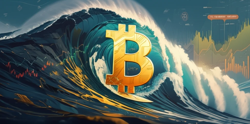 Bitcoin symbol surfing a massive ocean wave