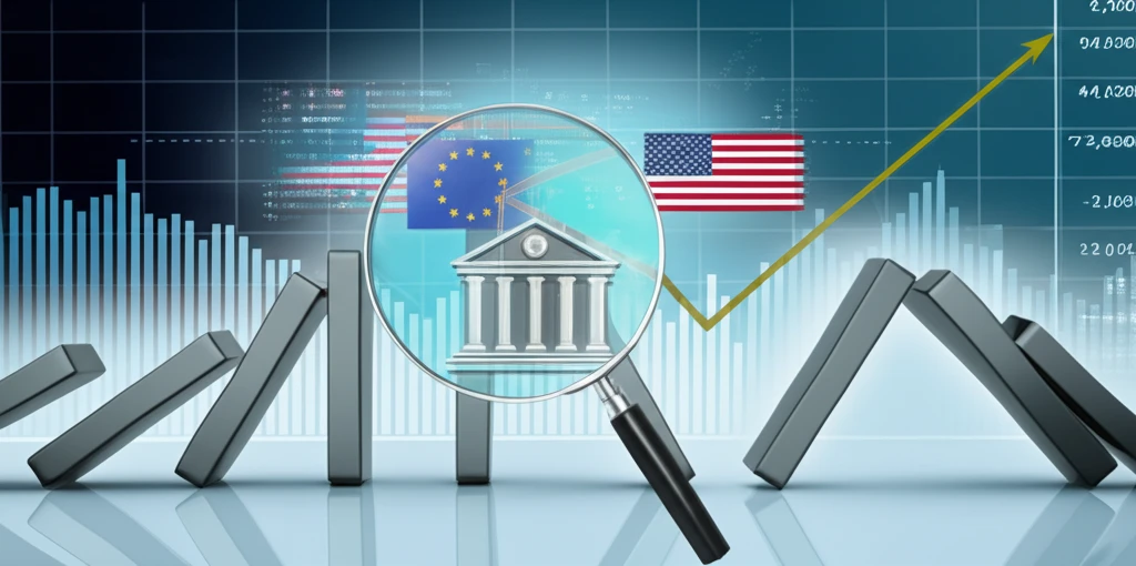 Interconnected dominoes representing banks, symbolizing systemic risk in the financial system.