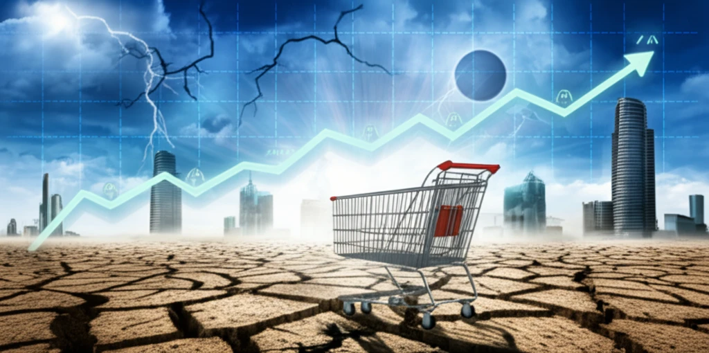 A surreal image of a shopping cart navigating extreme weather conditions, symbolizing climate change's impact on consumer prices.