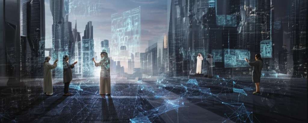 Futuristic cityscape of Qatar and UAE symbolizing knowledge exchange and collaboration.