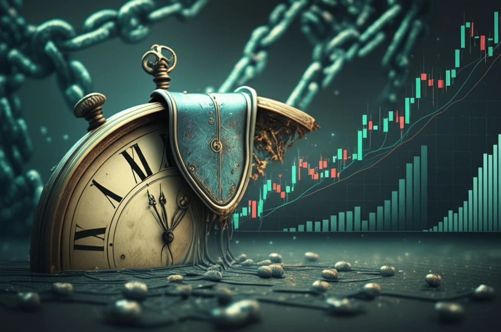 Melting clock merging into a blockchain network, symbolizing the time-sensitive nature of digital assets within a decentralized finance ecosystem.