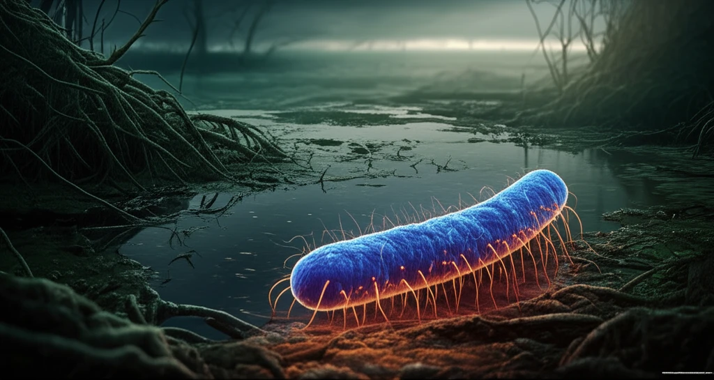 Mycobacterium ulcerans, the bacterium responsible for Buruli ulcer, glowing blue bacterium in wetlands, affecting skin and health.