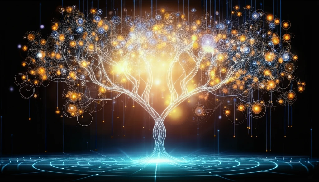 Interconnected scientific disciplines symbolized by glowing nodes forming a tree of knowledge.