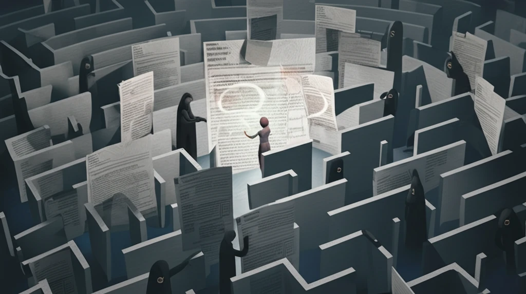 Person trapped in a maze of banking contracts with shadowy figures representing hidden fees.