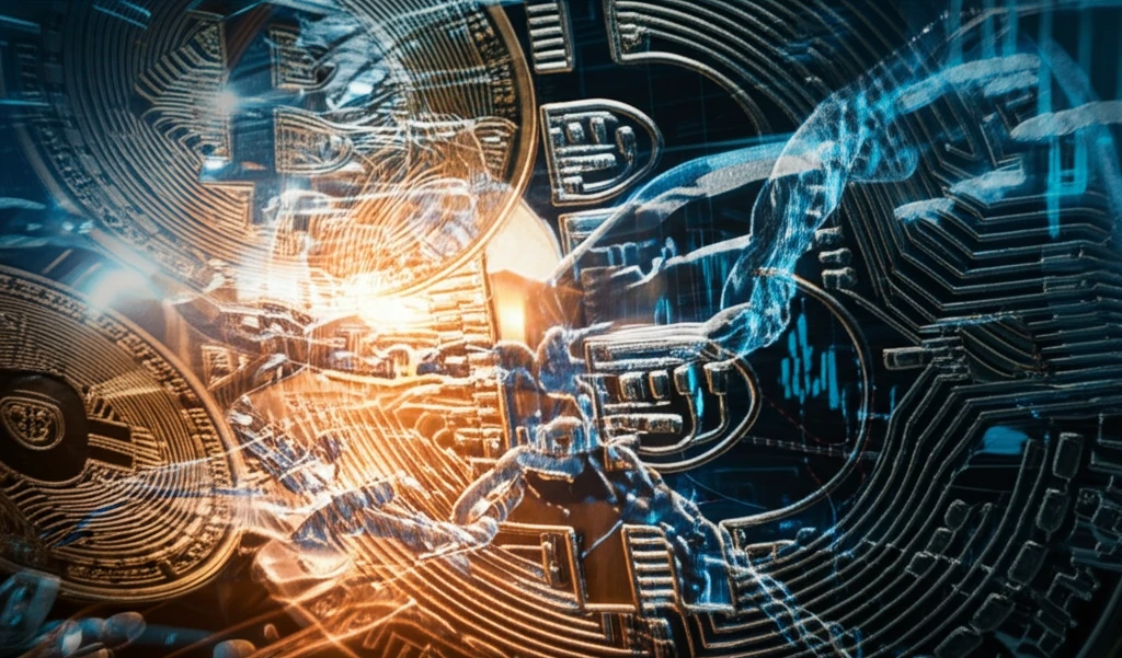 Bitcoin blockchain intertwined with time-lapse photography of global markets.