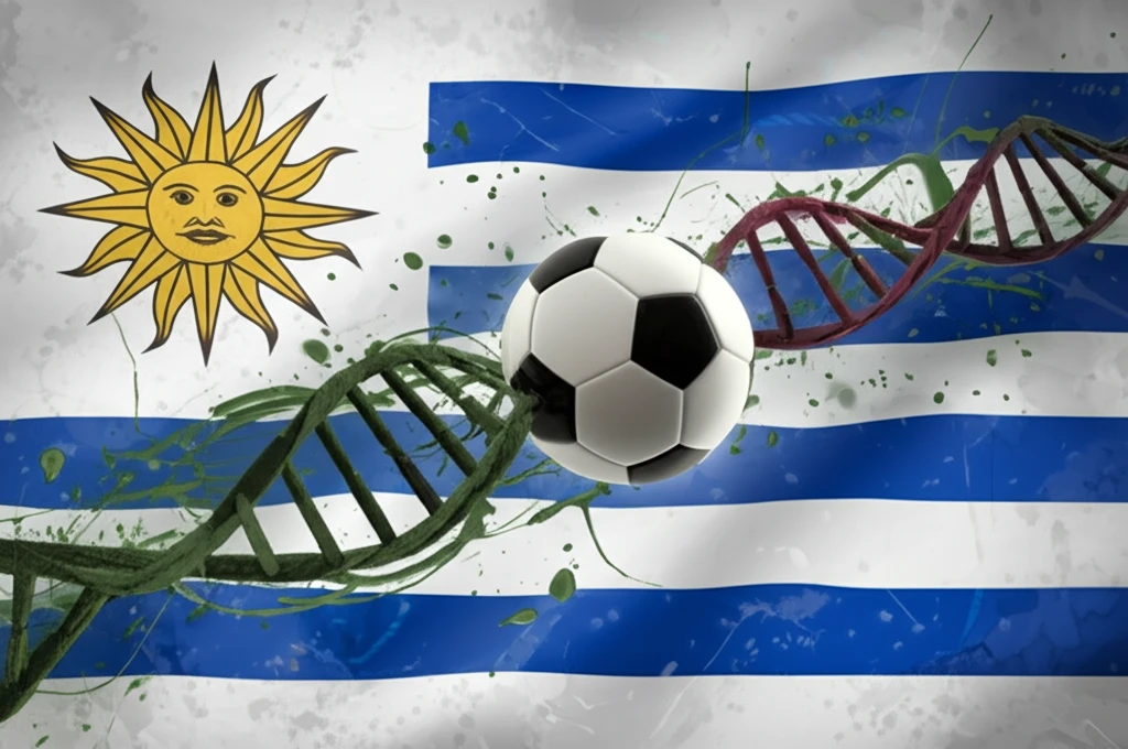 Soccer ball transforming into a DNA strand to represent Uruguay's science and tech potential.