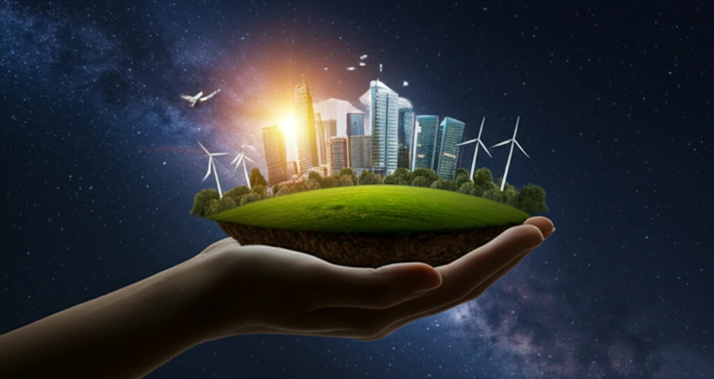 Miniature thriving world on a hand against a starry sky, symbolizing the success of small nations.