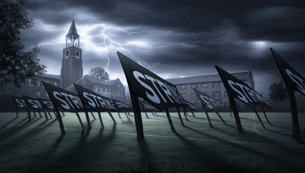 Surreal image of university campus under a stormy sky, with picket signs casting shadows, representing the unseen consequences of education strikes.