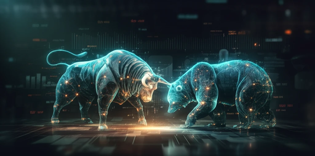 Algorithmic Trading Illustration: A stylized bull and bear intertwined with glowing neural network connections against a backdrop of financial charts and data streams.