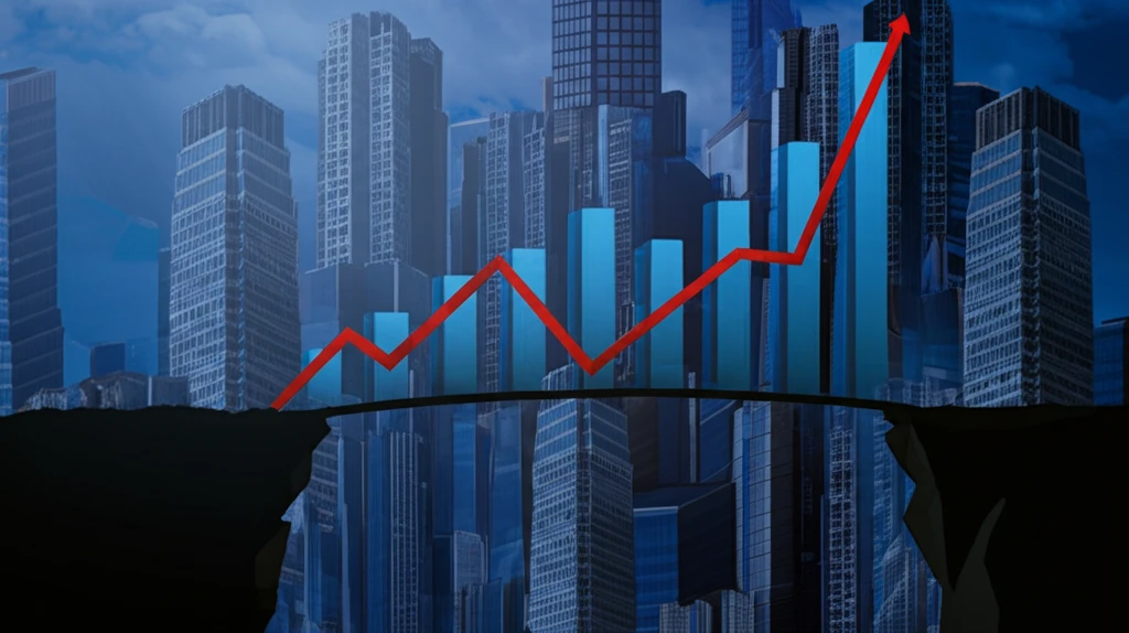Financial risk illustrated as a graph line on a cliff, with skyscrapers in the background.