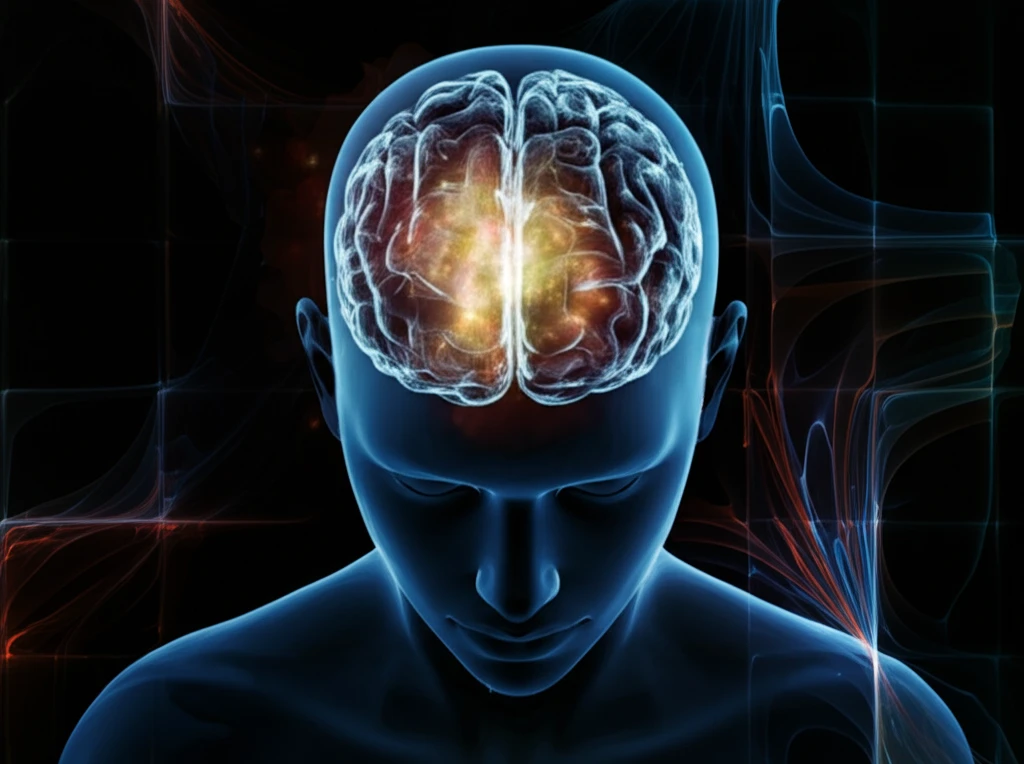 Brainwaves glowing inside a head silhouette, representing MS diagnosis.