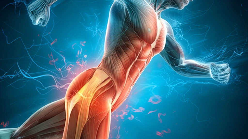 Athlete in motion with emphasized hip muscles.