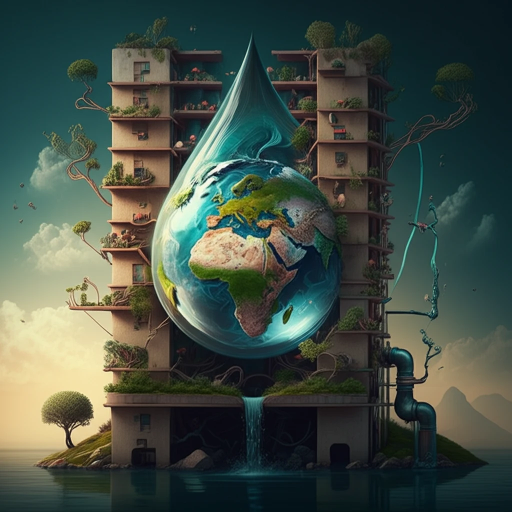 Surreal illustration of grey water recycling system in an apartment building, symbolizing sustainability.