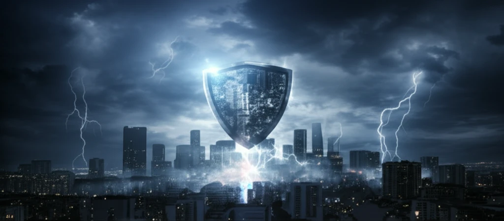 Shield protecting cityscape from storm clouds, symbolizing investment protection.